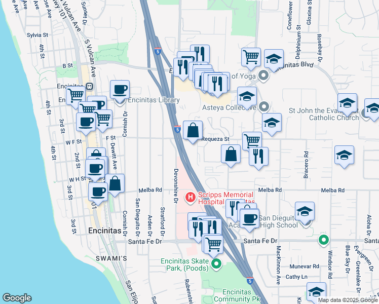 map of restaurants, bars, coffee shops, grocery stores, and more near 389 Requeza Street in Encinitas