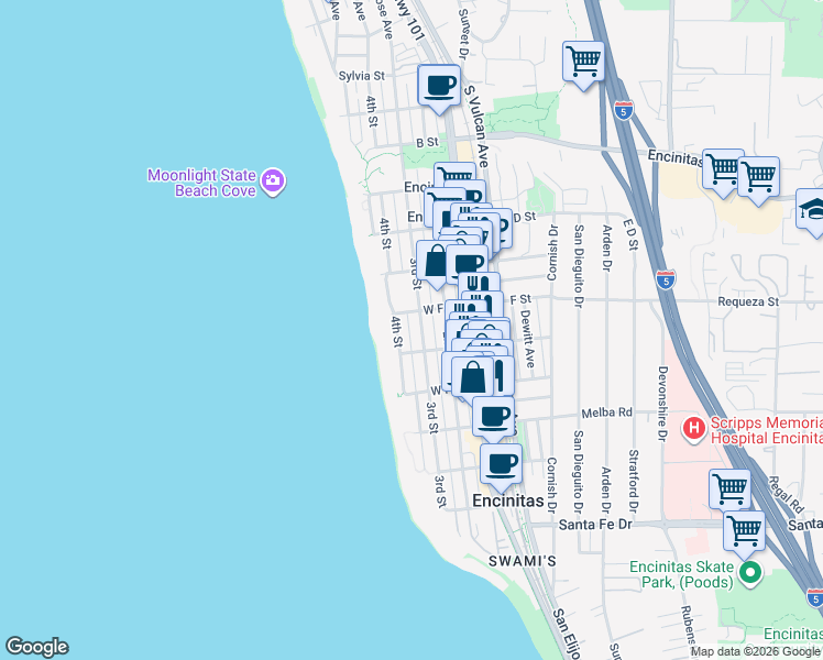 map of restaurants, bars, coffee shops, grocery stores, and more near 762 3rd Street in Encinitas