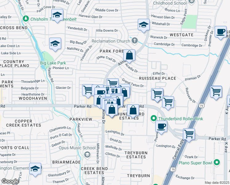 map of restaurants, bars, coffee shops, grocery stores, and more near 915 West Parker Road in Plano