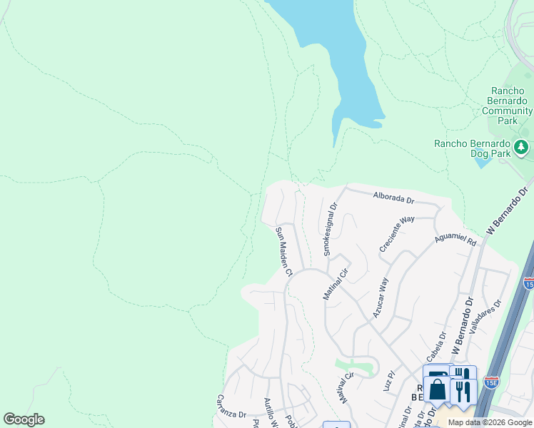 map of restaurants, bars, coffee shops, grocery stores, and more near 18205 High Mesa Court in San Diego