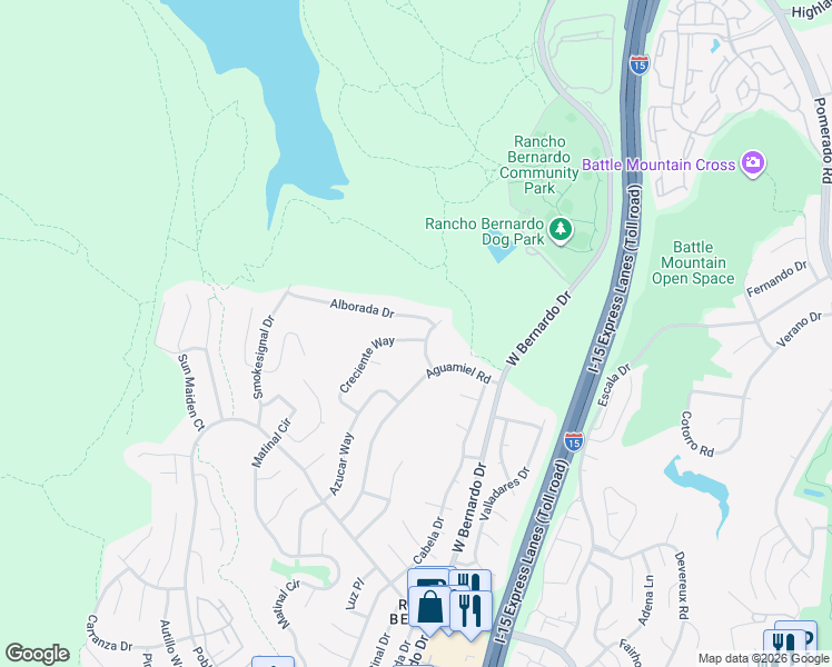map of restaurants, bars, coffee shops, grocery stores, and more near 17892 Creciente Way in San Diego