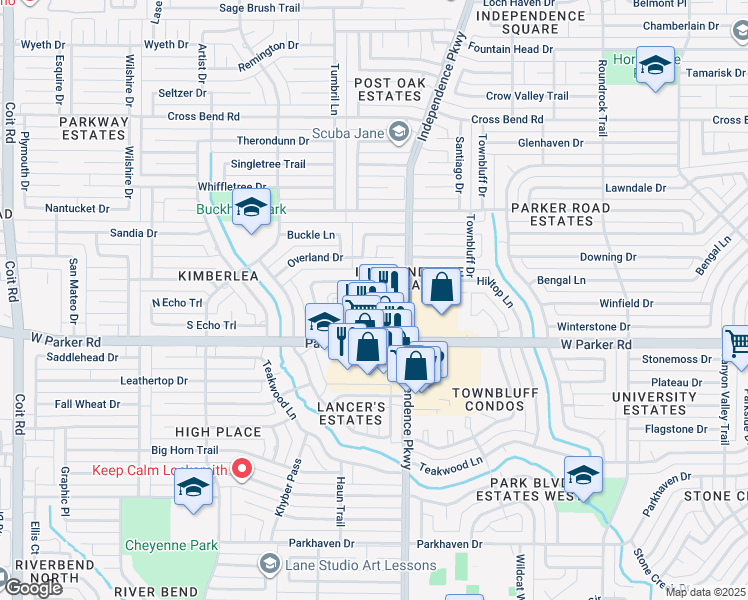 map of restaurants, bars, coffee shops, grocery stores, and more near 3115 West Parker Road in Plano