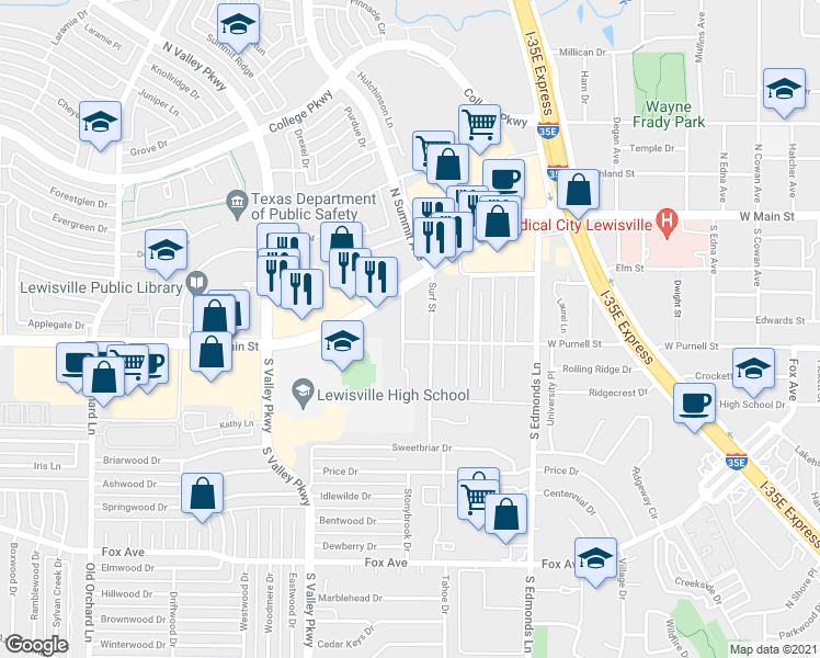 map of restaurants, bars, coffee shops, grocery stores, and more near 585 Manco Road in Lewisville