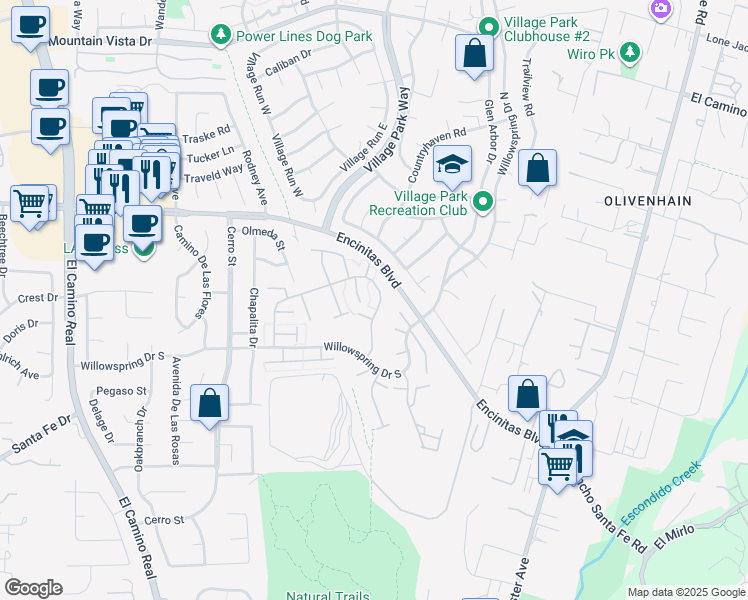 map of restaurants, bars, coffee shops, grocery stores, and more near 1829 Forestdale Drive in Encinitas