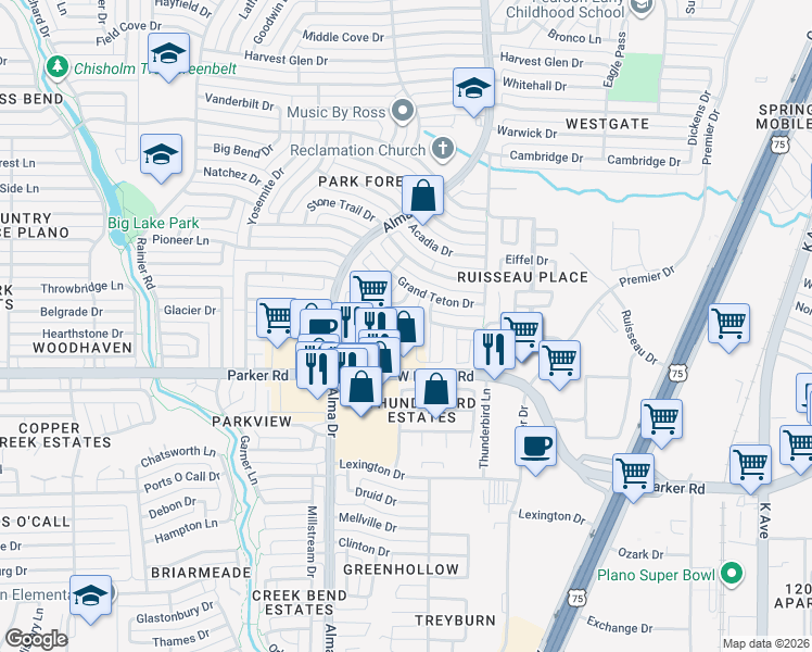 map of restaurants, bars, coffee shops, grocery stores, and more near 3317 Crater Lane in Plano