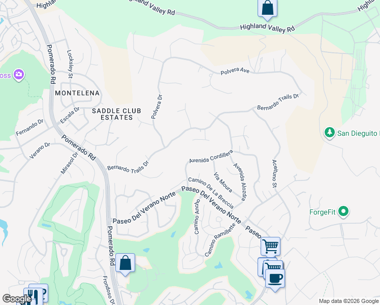 map of restaurants, bars, coffee shops, grocery stores, and more near 17842 Avenida Cordillera in San Diego