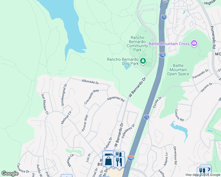 map of restaurants, bars, coffee shops, grocery stores, and more near 17897 Creciente Way in San Diego