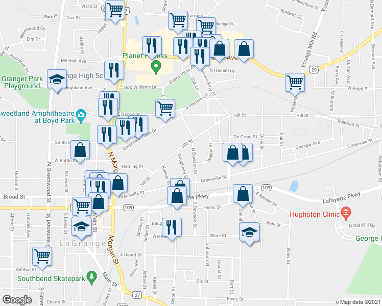 map of restaurants, bars, coffee shops, grocery stores, and more near 203 North Dawson Street in LaGrange
