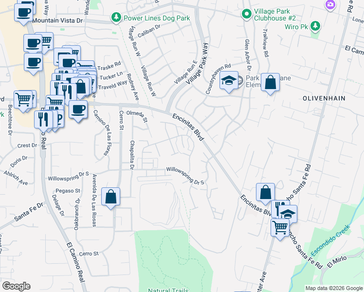 map of restaurants, bars, coffee shops, grocery stores, and more near 1878 Pleasantdale Lane in Encinitas