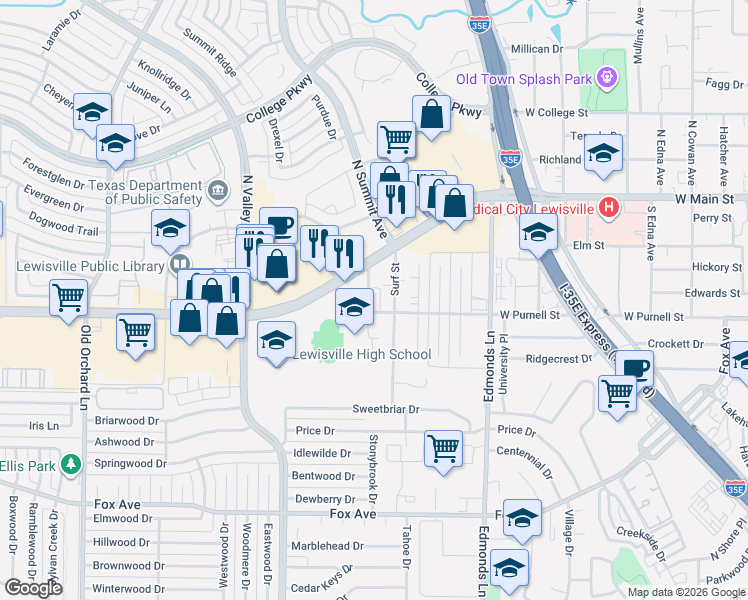 map of restaurants, bars, coffee shops, grocery stores, and more near 585 Manco Road in Lewisville