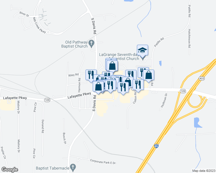 map of restaurants, bars, coffee shops, grocery stores, and more near 1507 Lafayette Parkway in LaGrange