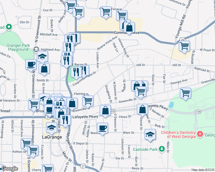 map of restaurants, bars, coffee shops, grocery stores, and more near 208 Hill Street in LaGrange