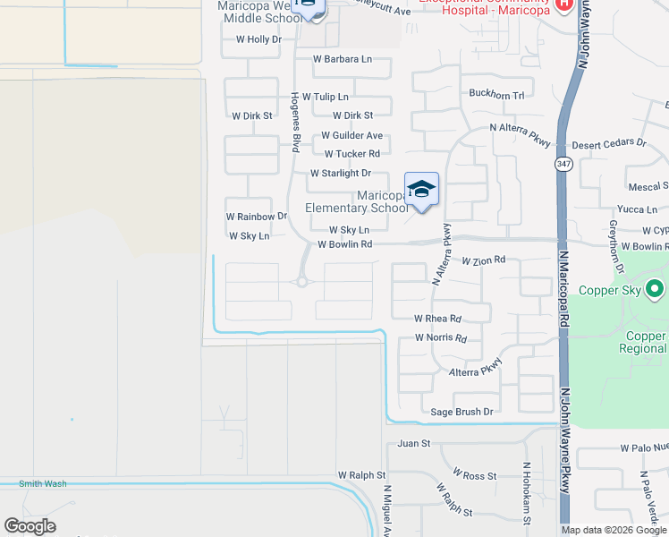 map of restaurants, bars, coffee shops, grocery stores, and more near 45713 Keller Lane in Maricopa