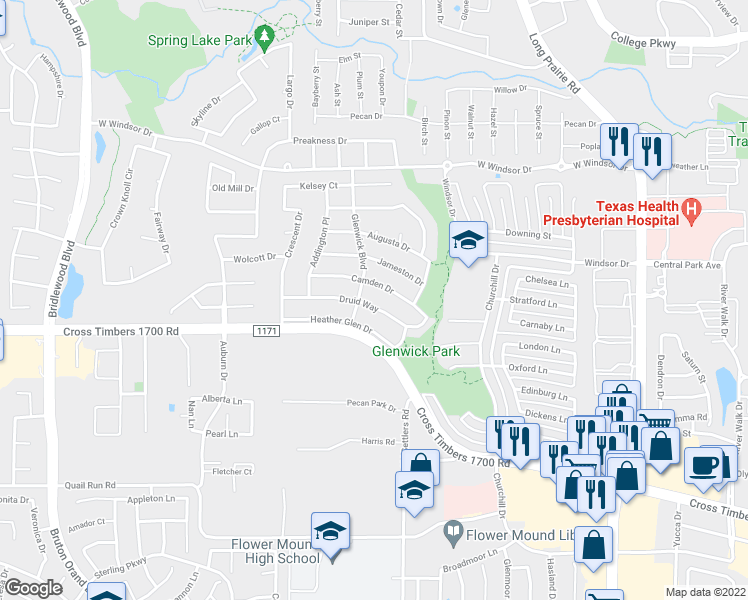 map of restaurants, bars, coffee shops, grocery stores, and more near 3332 Heather Glen Drive in Flower Mound