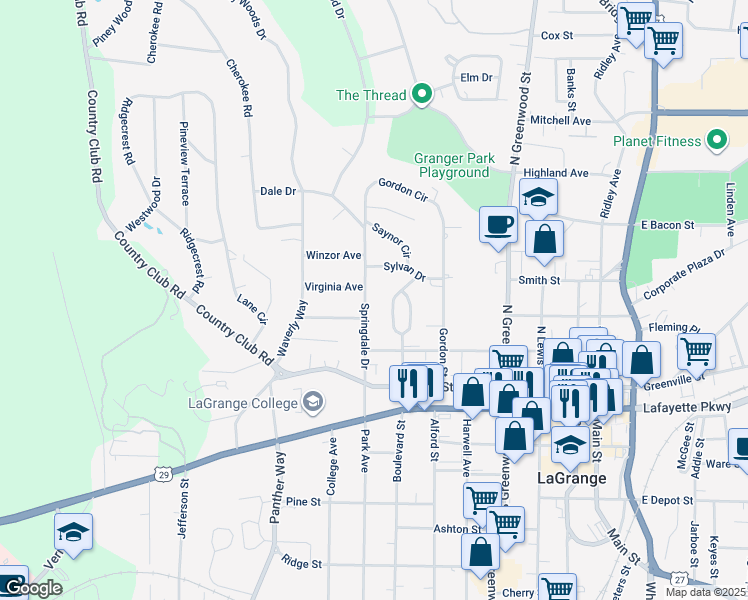 map of restaurants, bars, coffee shops, grocery stores, and more near 306 Springdale Drive in LaGrange