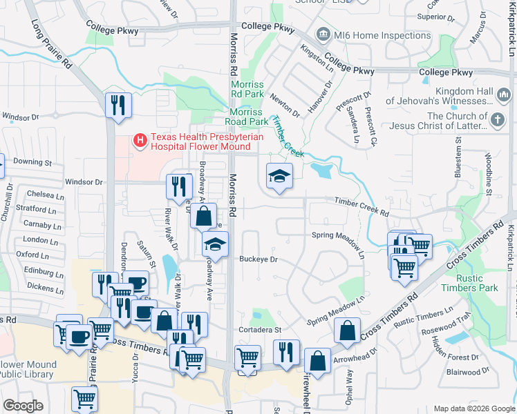 map of restaurants, bars, coffee shops, grocery stores, and more near 4100 Morriss Road in Flower Mound