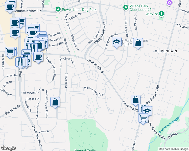 map of restaurants, bars, coffee shops, grocery stores, and more near 1878 Pleasantdale Lane in Encinitas