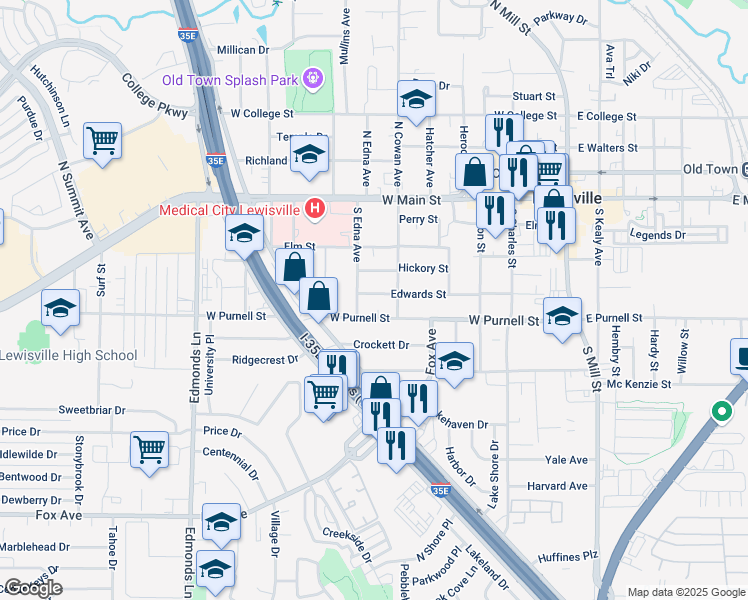 map of restaurants, bars, coffee shops, grocery stores, and more near 414 West Purnell Street in Lewisville
