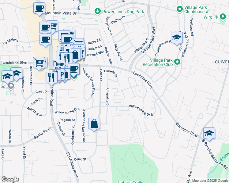 map of restaurants, bars, coffee shops, grocery stores, and more near 312 Harrisburg Drive in Encinitas