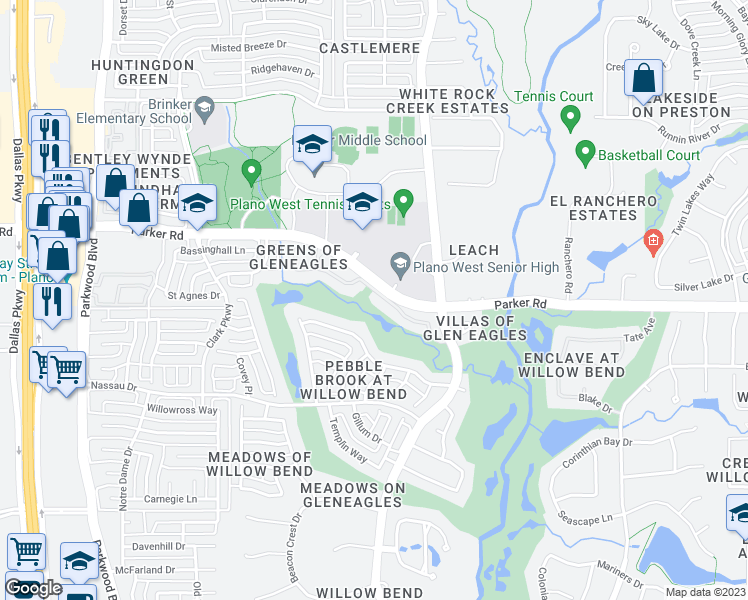 map of restaurants, bars, coffee shops, grocery stores, and more near 5680 Gleneagles Drive in Plano