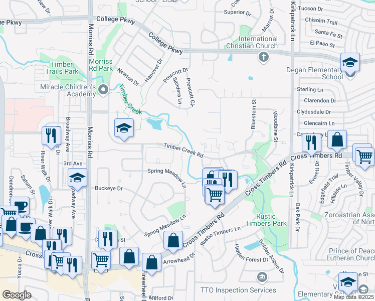 map of restaurants, bars, coffee shops, grocery stores, and more near 1800 Timber Creek Road in Flower Mound