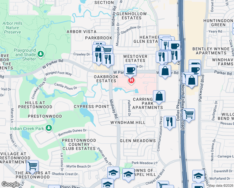 map of restaurants, bars, coffee shops, grocery stores, and more near 3100 Midway Road in Plano