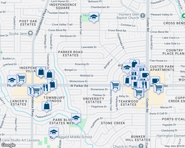 map of restaurants, bars, coffee shops, grocery stores, and more near 2605 Winterstone Drive in Plano