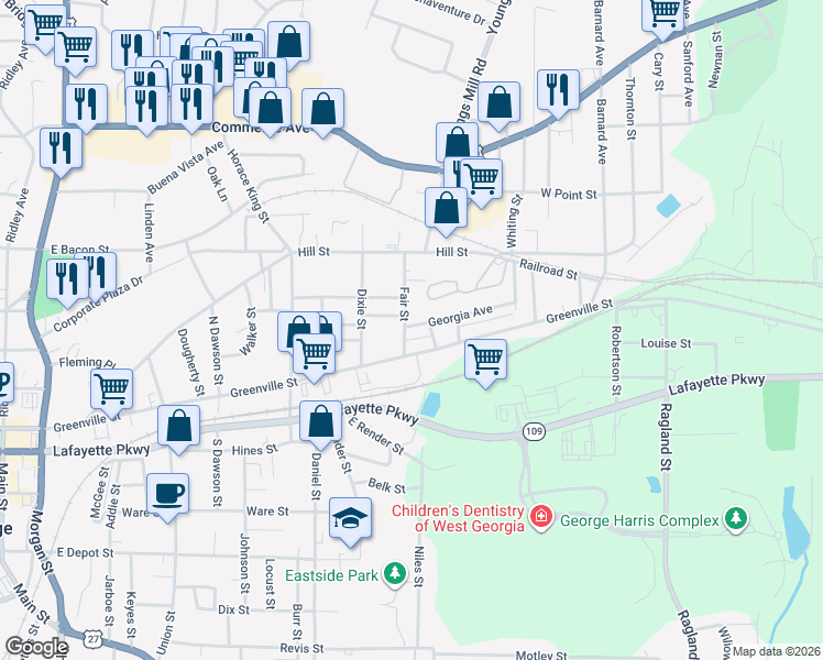 map of restaurants, bars, coffee shops, grocery stores, and more near 80 Fair Street in LaGrange