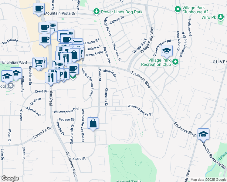 map of restaurants, bars, coffee shops, grocery stores, and more near 312 Harrisburg Drive in Encinitas