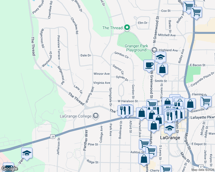 map of restaurants, bars, coffee shops, grocery stores, and more near 300 Springdale Drive in LaGrange
