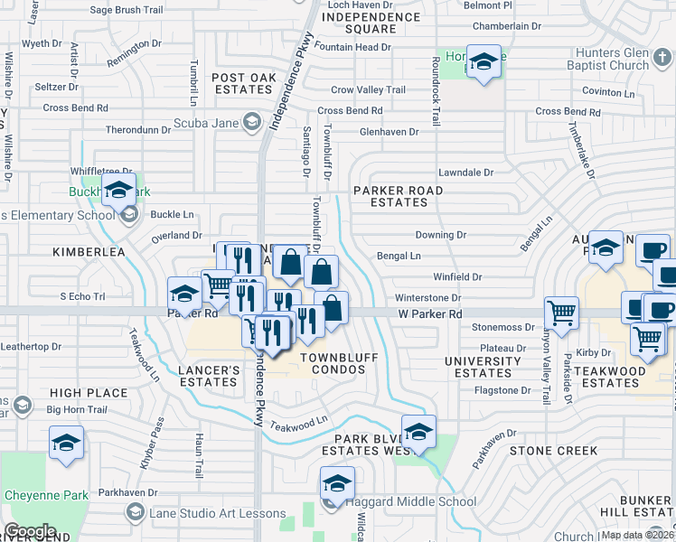 map of restaurants, bars, coffee shops, grocery stores, and more near 3420 Townbluff Place in Plano