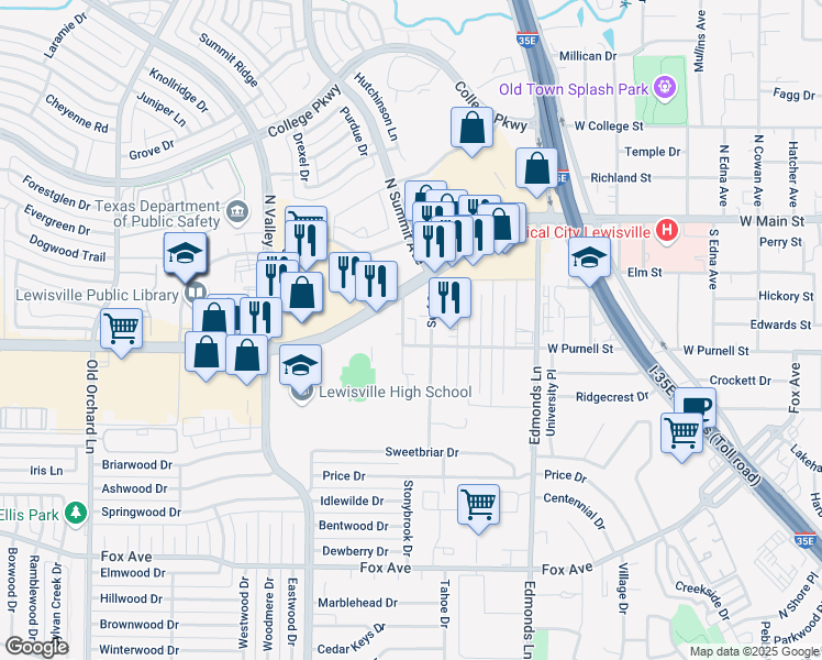 map of restaurants, bars, coffee shops, grocery stores, and more near 603 Manco Road in Lewisville