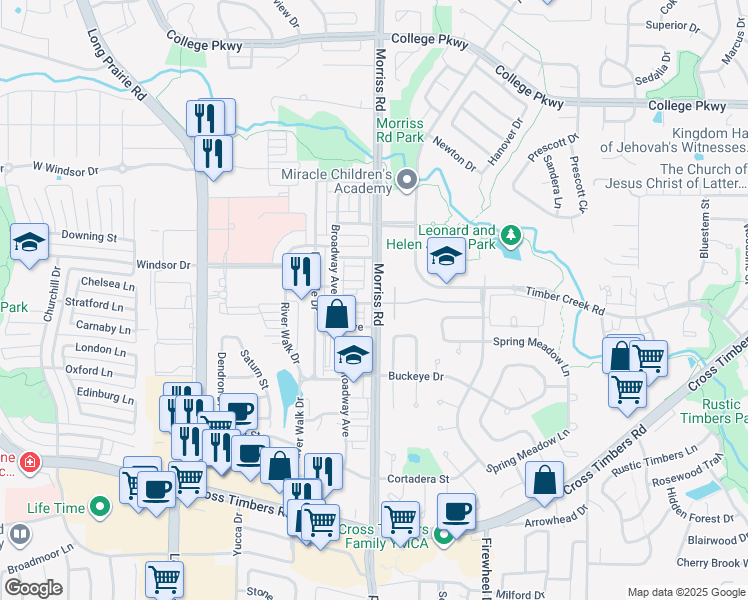 map of restaurants, bars, coffee shops, grocery stores, and more near 4243 Morriss Road in Flower Mound