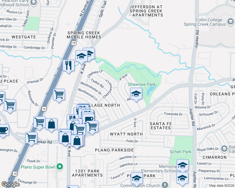 map of restaurants, bars, coffee shops, grocery stores, and more near 3349 Tarkio Road in Plano