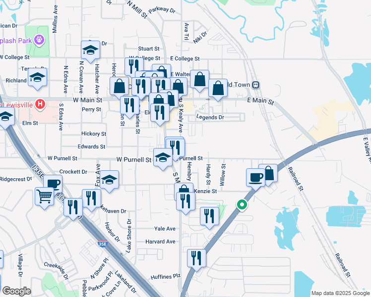 map of restaurants, bars, coffee shops, grocery stores, and more near 102 East Purnell Street in Lewisville