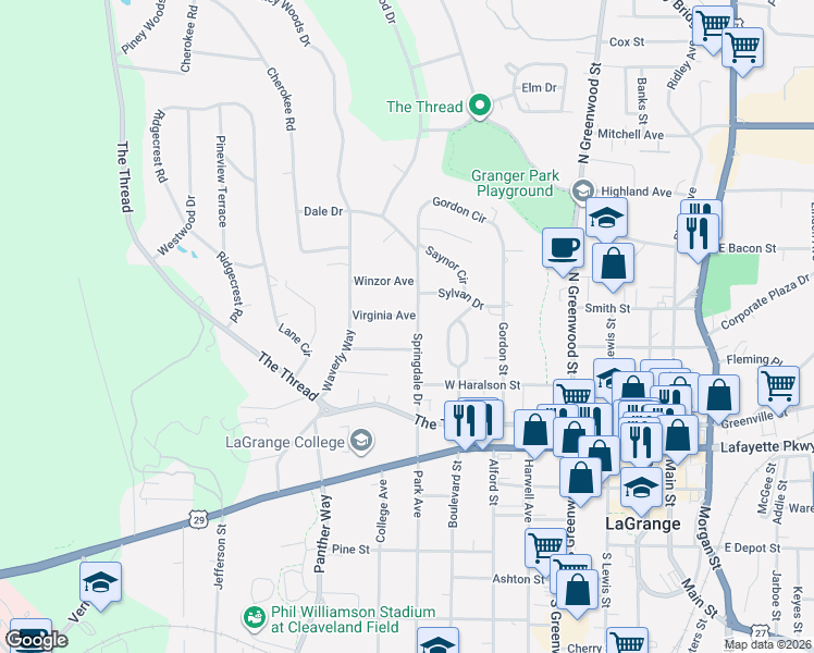 map of restaurants, bars, coffee shops, grocery stores, and more near 307 Springdale Drive in LaGrange