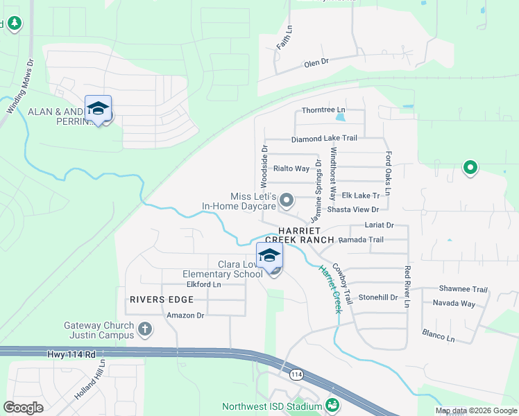 map of restaurants, bars, coffee shops, grocery stores, and more near 16513 Woodside Drive in Justin