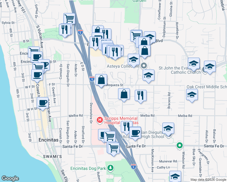 map of restaurants, bars, coffee shops, grocery stores, and more near 401 Requeza Street in Encinitas