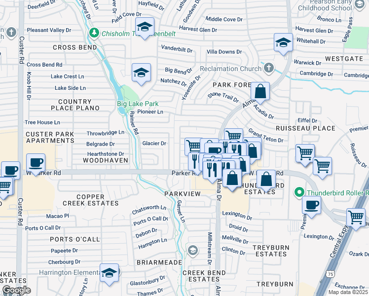 map of restaurants, bars, coffee shops, grocery stores, and more near 1209 Hemlock Court in Plano