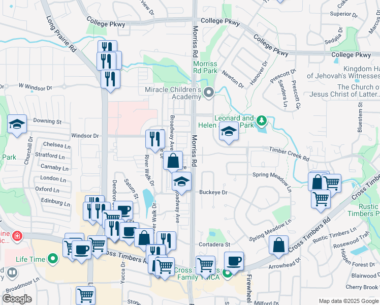 map of restaurants, bars, coffee shops, grocery stores, and more near 4100 Morriss Road in Flower Mound