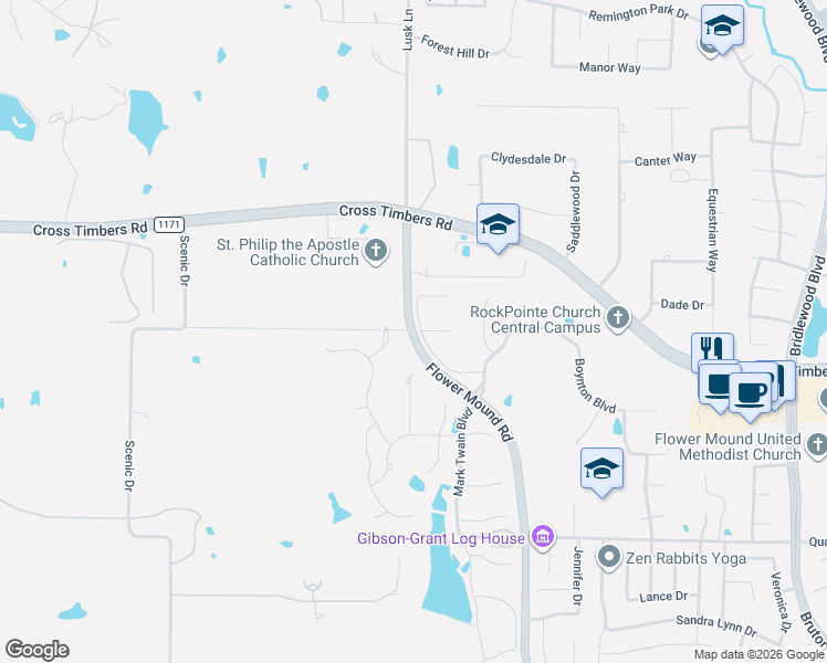 map of restaurants, bars, coffee shops, grocery stores, and more near 5718 Flower Mound Road in Flower Mound