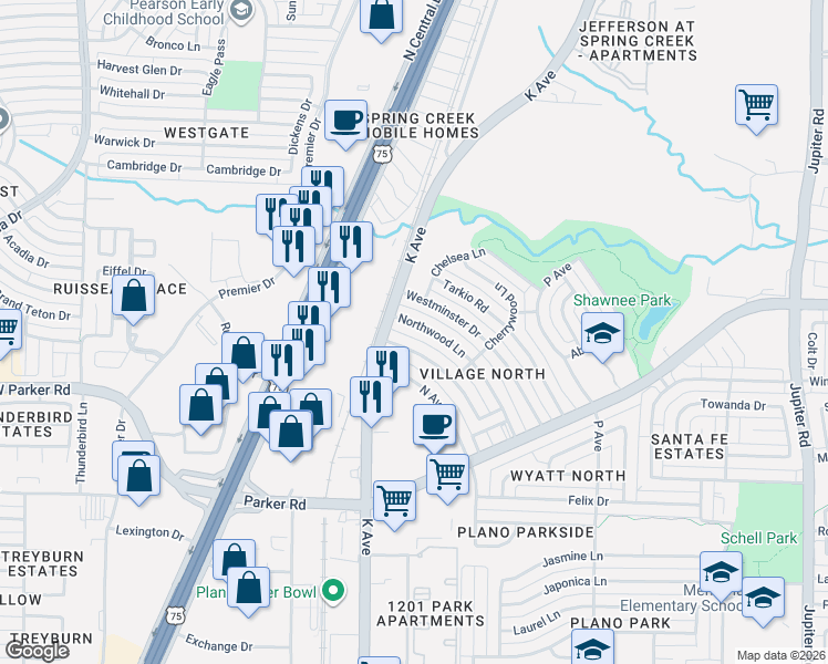 map of restaurants, bars, coffee shops, grocery stores, and more near 3460 Northwood Lane in Plano