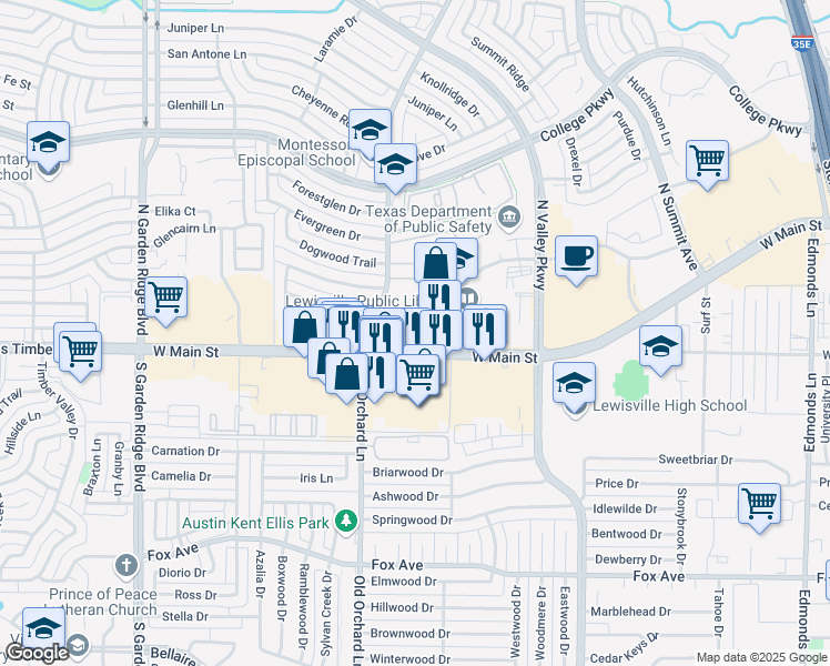 map of restaurants, bars, coffee shops, grocery stores, and more near 165 North Old Orchard Lane in Lewisville
