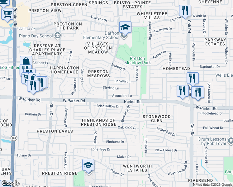 map of restaurants, bars, coffee shops, grocery stores, and more near 4421 Sterling Lane in Plano