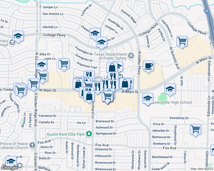map of restaurants, bars, coffee shops, grocery stores, and more near 165 North Old Orchard Lane in Lewisville