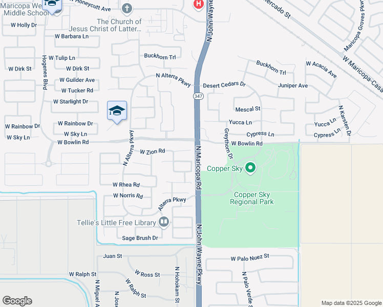 map of restaurants, bars, coffee shops, grocery stores, and more near 44739 West Zion Road in Maricopa