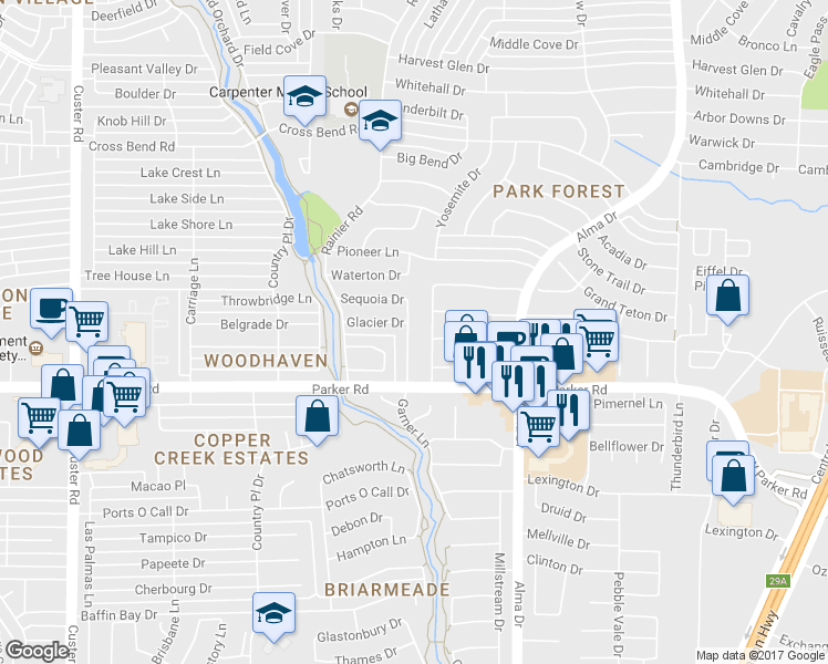 map of restaurants, bars, coffee shops, grocery stores, and more near 3421 Pinion Drive in Plano