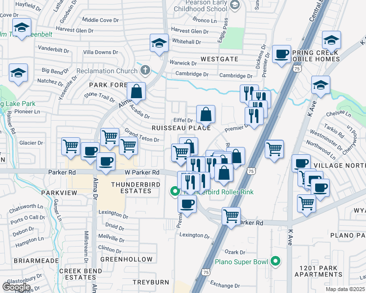 map of restaurants, bars, coffee shops, grocery stores, and more near 773 Panorama Drive in Plano