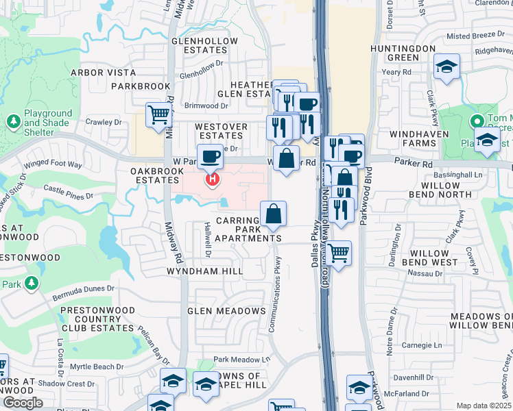 map of restaurants, bars, coffee shops, grocery stores, and more near 6100 West Parker Road in Plano