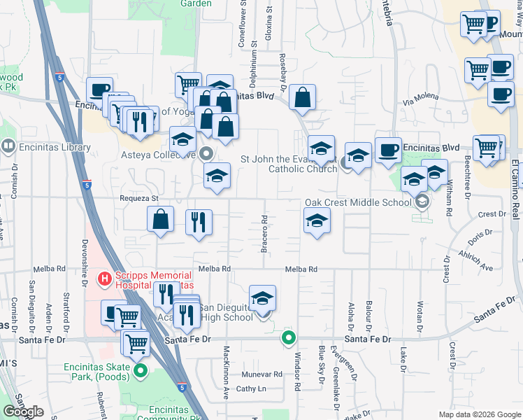 map of restaurants, bars, coffee shops, grocery stores, and more near 698 Camino El Dorado in Encinitas